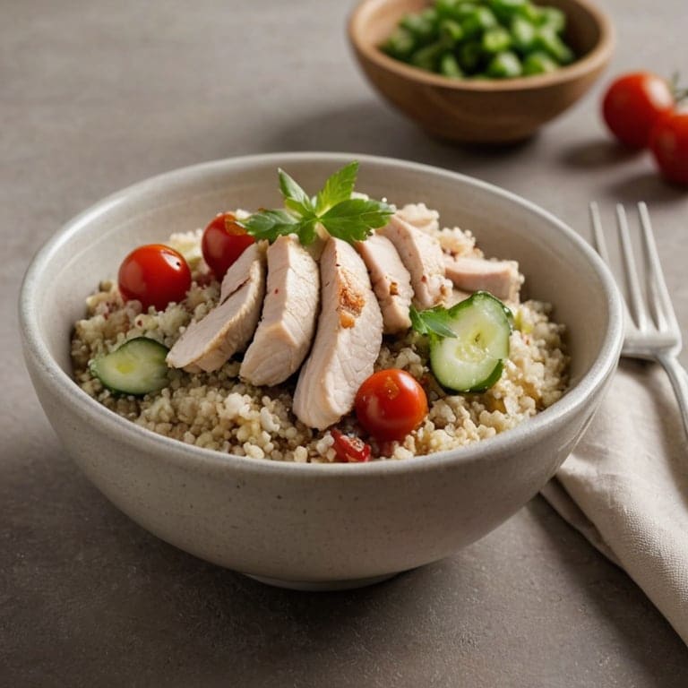 A small bowl of quinoa with sliced chicken, cucumber and tomatoes