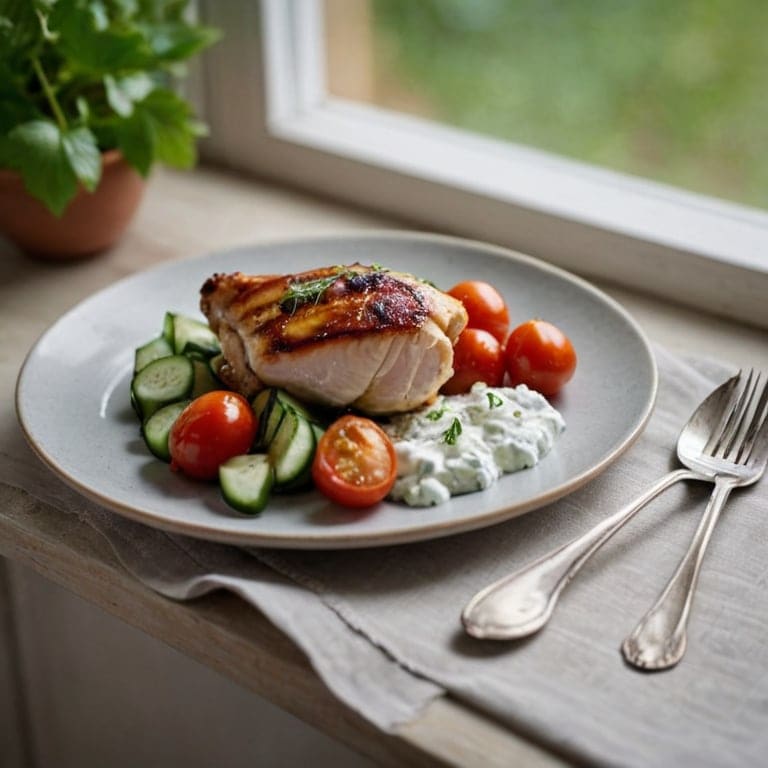 A small plate of sliced chicken with tzatziki, cucumber and tomatoes