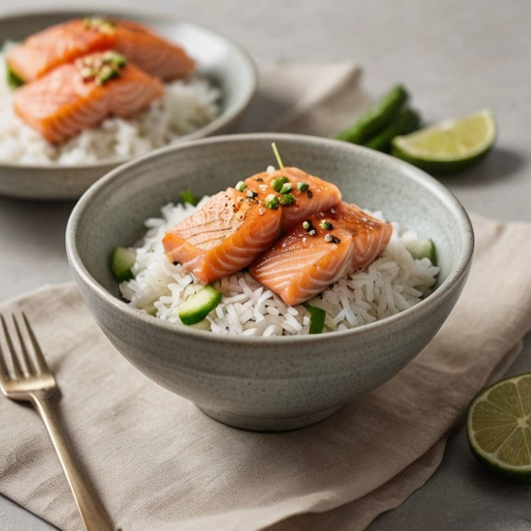 A small bowl of flaked salmon over a little rice