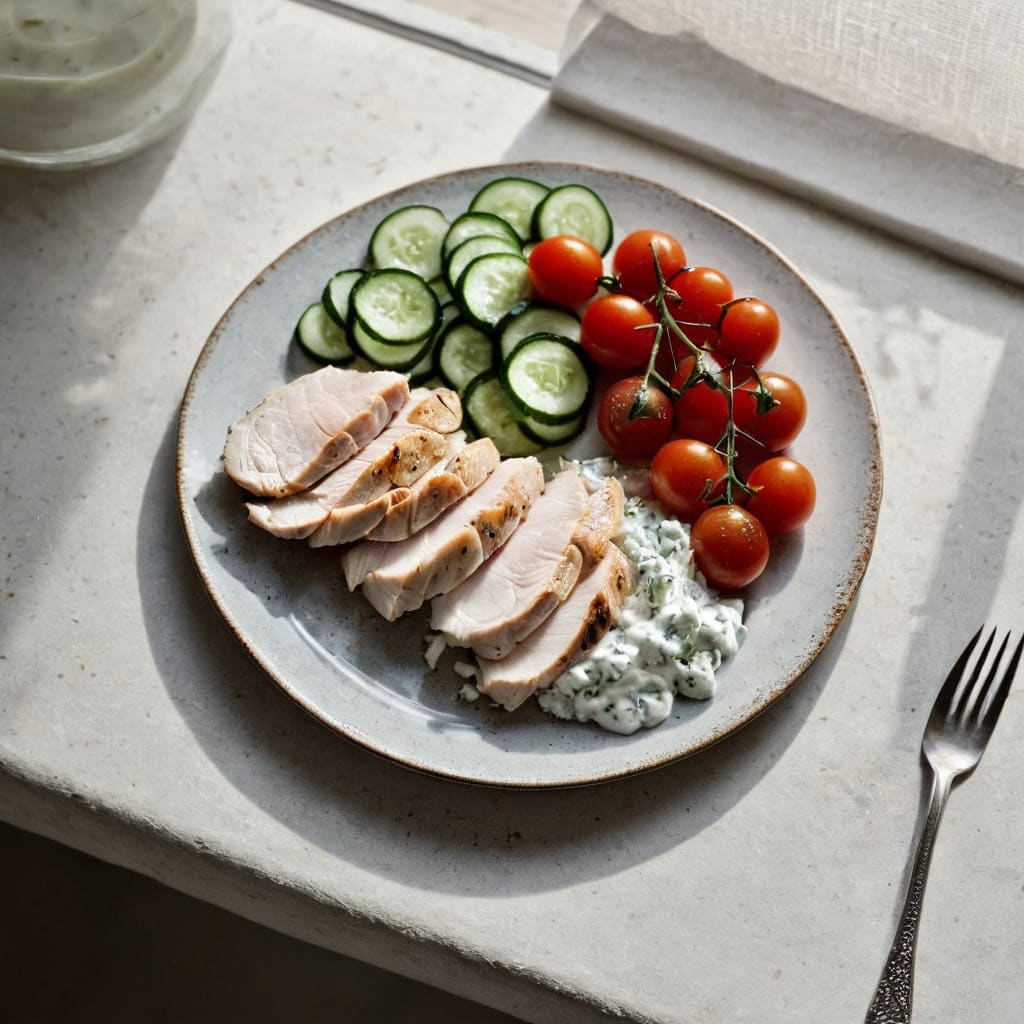 A small lunch plate of sliced chicken, tzatziki, cucumber and tomatoes