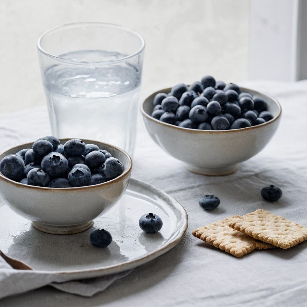 A small bowl of yogurt with blueberries, ice water and plain crackers