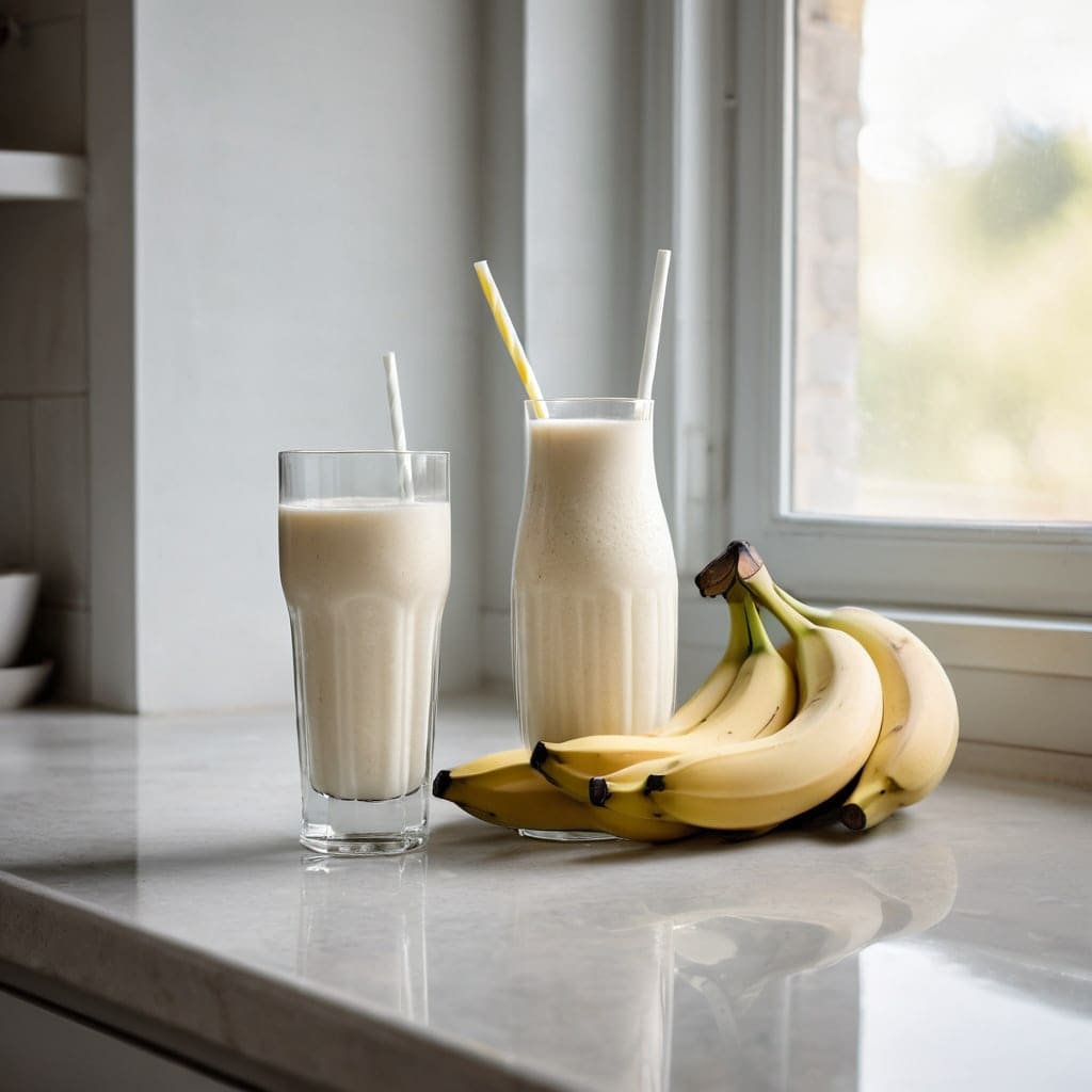 A tall glass of pale yogurt smoothie with a paper straw