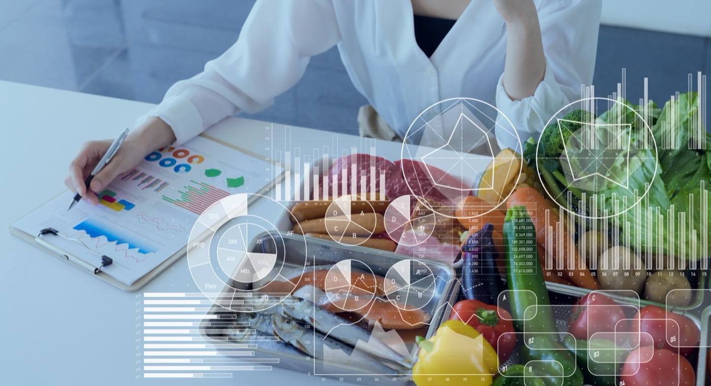 Nutrition data overlays on a measured plate of whole foods