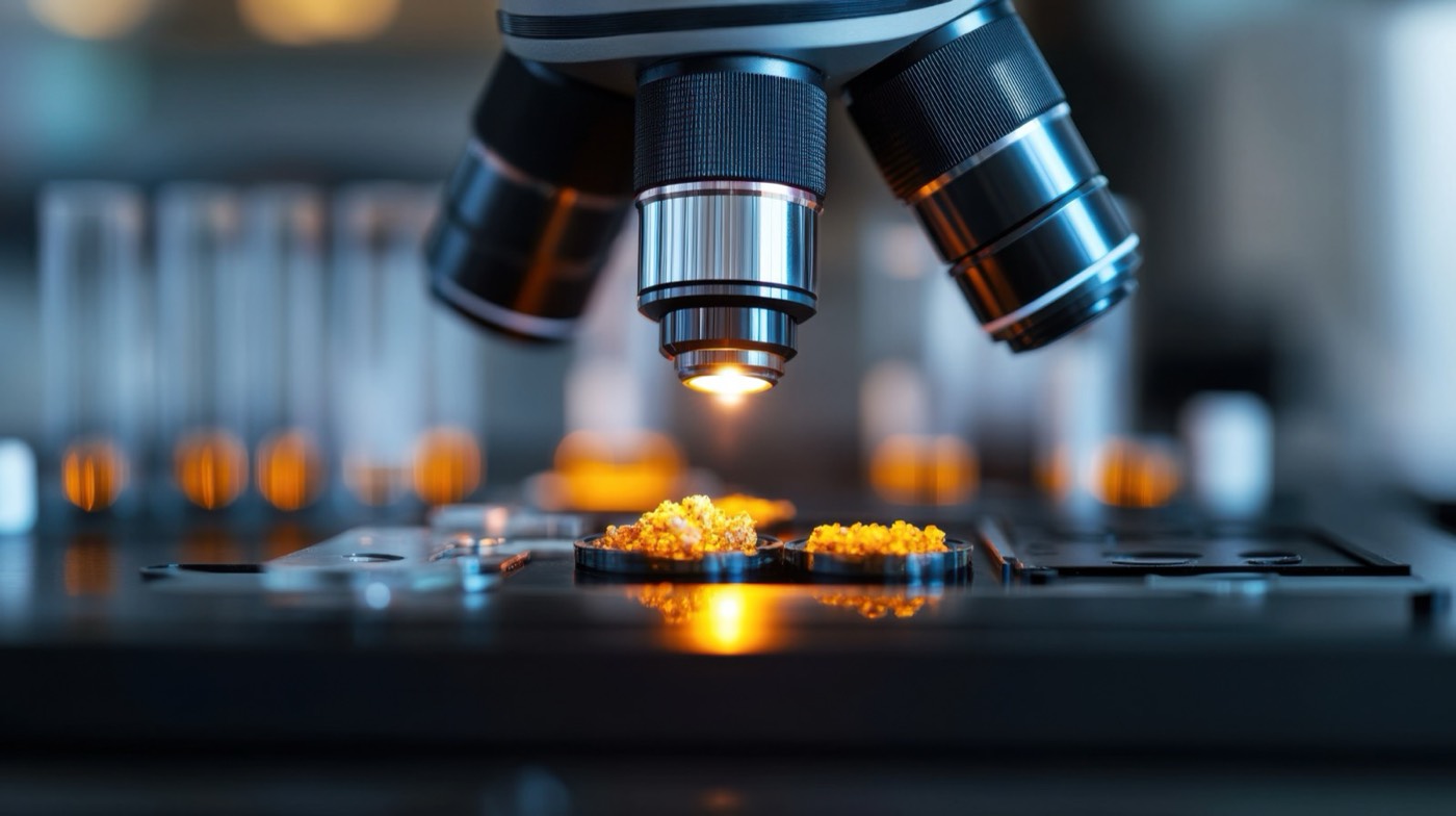 Microscope objective lighting amber granules on a slide